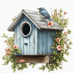 a blue birdhouse with flowers around it and a bird sitting on the top of it