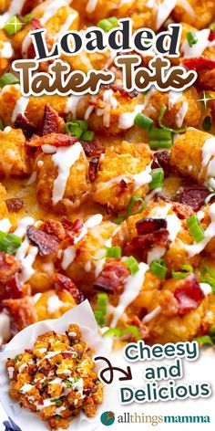 plate of Loaded Tater Tots and close up image of Loaded Tater Tots Tator Tot Recipe, Creamy Ranch Sauce, Loaded Tater Tot, Loaded Tater Tots, Tater Tot Recipes, Ranch Sauce, Tater Tot Casserole Recipes, Creamy Ranch, Potato Recipes Side Dishes