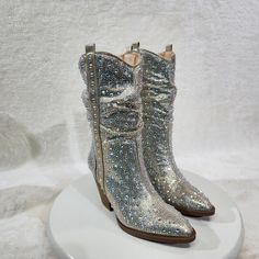 River 35 By Forever Link Champagne Rhinestones 3 Inch Heeled Women's Boots Western Party Boots With Rhinestones, Western Rhinestone Party Boots, Western Style Party Boots With Rhinestones, Party Boots With Rhinestones And Snip Toe, Elegant Snip Toe Boots With Rhinestones, Western High Heel Rhinestone Boots, Western High Heel Boots With Rhinestones, Western Boots With Rhinestones And Pointed Toe, Glamorous Leather Boots With Rhinestones