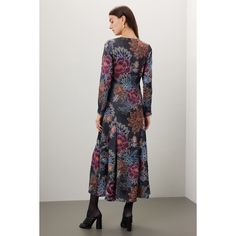 Black floral satin (52% Viscose, 48% Rayon). A-line. Long sleeves. Crewneck. Front zipper closure. 55" from shoulder to hemline. Imported. Floral Print A-line Midi Dress For Evening, Black A-line Floral Dress, Evening A-line Midi Dress With Floral Print, Fall Printed A-line Midi Dress, Printed A-line Midi Dress For Fall, Floral Print Fit And Flare Midi Dress For Evening, Evening Floral Print Fit And Flare Midi Dress, Fall Evening Maxi Dress With Floral Print, Formal Multicolor Floral Print Midi Dress