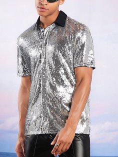 Silver Party Collar Short Sleeve Sequins Colorblock Shirt Embellished Slight Stretch  Men Tops Chainmail Shirt, Colorblock Shirt, Silver Shirt, Shein Men, Silver Party, Sequin Shirt, Men Shirts