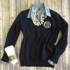 Jules Monogrammed V-Neck Sweater (3-4 Week Production Time) Chunky Pearl Statement Necklace, Monogram Sweater, Preppy Clothing, Monogram Outfit, Preppy Clothes, Preppy Look, V Neck Sweater, Preppy Style, Vneck Sweater