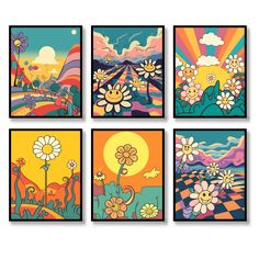 four colorful paintings with flowers and mountains in the background