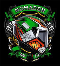 a motorcycle helmet with the words nomaden on it and an image of a motorbike