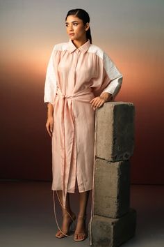 Pink wrap dress with pleat detailed shoulder, sleeves and attached belt for front knot. Paired with an inner slip. - Aza Fashions Pink Wrap Dress, Dress With Pleats, Pink Wrap, Necklines For Dresses, Dress For Women, Women Dresses, Aza Fashion, Three Quarter, Dresses Midi