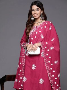 Grab this beautiful 3-piece set. The set comes with floral embroidered straight shape kurta has rpund neck, 3/4th sleeves & calf length teamed with solid trouser pant with side pocket and a dupatta. Color - Magenta Kurta Fabric-Cotton Pant Fabric-Cotton Dupatta Fabric - Cotton Neck-Round Neck Sleeves-3/4th Sleeves Work -Floral Embroidery Detailing Washing Instructions-Dry Clean DISCLAIMER - The color of the product may be differ due to screen settings of device. A misprint here and a color drop slip there is the beauty of printing which is not treated as a defect. Formal Jewelry, Casual Party, Churidar, Fabric Shop, Formal Wedding, Embroidery Details, Trouser Pants, Cotton Pants, Cotton Silk