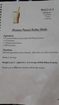 the menu for banana peanut butter shake is shown in white paper with black writing on it