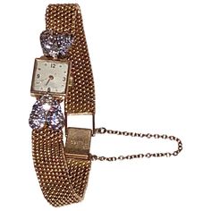 Vintage 18k gold ladies wrist watch, square face with gold weave chain band with diamond and ceylon sapphire encrusted details, clasp closure with security chain, stamped and numbered. circa 1940 Wrist band measures 7" around Ladies Wrist Watch, Square Face, Ceylon Sapphire, Woven Chain, Wrist Band, Square Faces, Women Wrist Watch, Gold Diamond, Wrist Watch