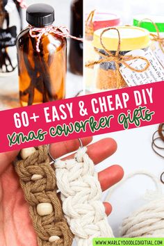 handmade gifts with text overlay that reads 60 + easy and cheap diy yarns covered gifts