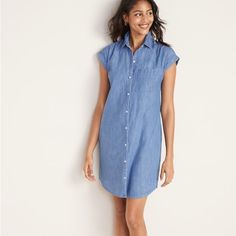 Xsp - Brand New. Sp - Worn. Straight From Top To Bottom For An Easy, Relaxed Fit. Shirt Dress Hits Above Knee. Spread Collar. Seamed Yoke, With Soft Shirring. Cuffed Cap Sleeves. Nine-Button Placket. Patch Pocket At Left Side Of Chest. Soft, Medium-Wash Cotton Chambray. Styled Like A Shirt, Looks Like A Dress. 100% Cotton. Machine Wash Cold, Tumble Dry Low. Imported. Comes From A Pet/Smoke Free Home. Casual Fitted Shirt Dress For Beach, Cotton Button-up Dress With Rolled Sleeves, Casual Blue Cotton Shirt Dress, Blue Casual Cotton Shirt Dress, Button-up Cotton Dresses With Rolled Sleeves, Casual Collared Dress With Relaxed Fit, Casual Cotton Short Sleeve Shirt Dress, Casual Cotton Shirt Dress With Short Sleeves, Casual Short Sleeve Dresses For Daywear