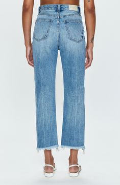 These closet-staple nonstretch-denim jeans are designed with a high waist and sparse distressing. 26" inseam; 17" leg opening; 13" front rise; 16" back rise (size 29) 100% cotton Machine wash, tumble dry Imported Ripped Cutoff Flare Jeans In Medium Wash, Everyday Dark Wash Jeans With Frayed Hem, Ripped Cutoff Medium Wash Flare Jeans, Medium Wash Ripped Cutoff Flare Jeans, Distressed Mid-rise Cropped Jeans For Everyday, Mid-rise Distressed Medium Wash Jeans, High Rise Denim Jeans With Frayed Hem, Dark Wash High Rise Jeans With Frayed Hem, Everyday High Rise Distressed Jeans