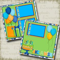 two birthday cards with balloons and a cake