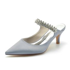 Shop Ivory Satin Jeweled Mules Heels Backout Kitten Heel Pumps color Ivory for Anniversary, Dancing Club, Date, Wedding, Work with worldwide Free shipping & Free return. Bridal Party Shoes, Comfortable Bridal Shoes, Wedding Shoes High Heels, Bridal Pumps, Formal Heels, Rhinestone High Heels, Bridal Sandals, Party Heels, Bridesmaid Shoes