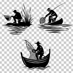 three silhouettes of people fishing on the water, one is sitting in a boat