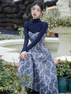 Sweet Blue Turtleneck Knit Sweater with Thick Floral Slip Dress Suit – FloraShe Blue Turtleneck, Velvet Slip Dress, Green Knit Sweater, Floral Slip Dress, Halter Neck Dress, Floral Patchwork, Irregular Hem, Dress Suit, Halterneck Dress