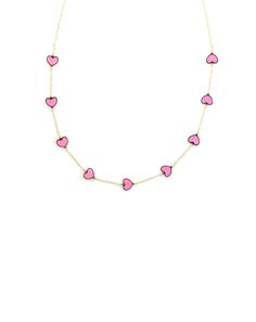 14k Gold Hot Pink Heart Station Necklace Fine Jewelry Pink Heart Charm Necklace, Pink Heart Pendant Charm Necklace With Clavicle Chain, Pink Heart Pendant Charm Necklace On Clavicle-length Chain, Pink Heart Pendant Charm Necklace, Pink Gold Heart Cut Jewelry With Heart Charm, Pink Gold Heart-cut Jewelry With Heart Charm, Fine Jewelry Pink Heart Charm, Pink Heart Charm Jewelry For Valentine's Day, Pink Heart Necklace For Gift