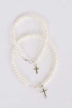 Freshwater Pearl Bracelet w/ Cross Strasburg Children Pearl Cross Necklace, White Pearl Bracelet, Necklaces And Bracelets, Freshwater Pearl Bracelet, Pearl Collection, Seed Pearl, White Gift Boxes, Matching Necklaces, Silver Filigree