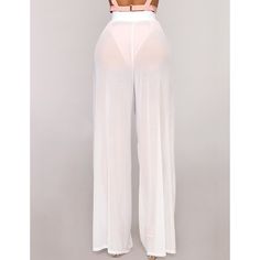 White Sheer Mesh Wide Leg Pants White Full Length Wide Leg Pants For Beach, Solid Wide Leg Beach Pants, White Wide Leg Beach Bottoms, Wide Leg White Pants For Beach, White Wide-leg Pants For The Beach, Wide Leg White Beach Pants, White Wide-leg Beach Pants, White Straight Pants With Elastic Waistband, Chic Solid Pants For Beach