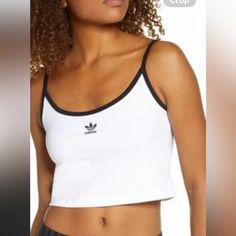 Trefoil Cropped Tank Top For Simple Go-To Style. Spaghetti Strap Top. Size M White Basic Adidas Tops, Adidas Casual Tank Top, Cheap Adidas Sporty Tank Top, Adidas Sporty Cotton Tank Top, Adidas Sleeveless Sports Tank Top, Adidas Crop Top, Adidas Floral, Plus Size Crop Tops, Mock Neck Crop Top