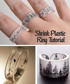 three different types of rings with trees on them and the words shrink plastic ring tutor