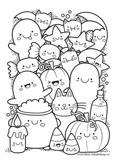 a black and white coloring page with lots of cats in pumpkins, bats and balloons