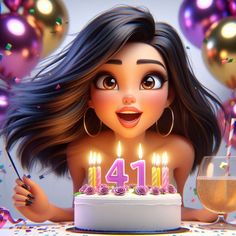 a girl with long hair blowing out candles on her birthday cake, surrounded by balloons and confetti