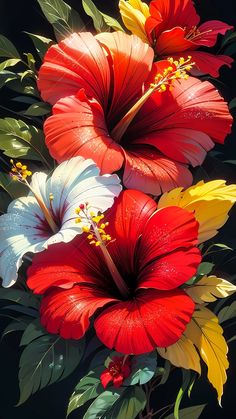 three red, white and yellow flowers with green leaves in the foreground on a black background