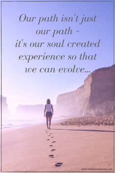 a woman walking on the beach with her footprints in the sand and an inspirational quote