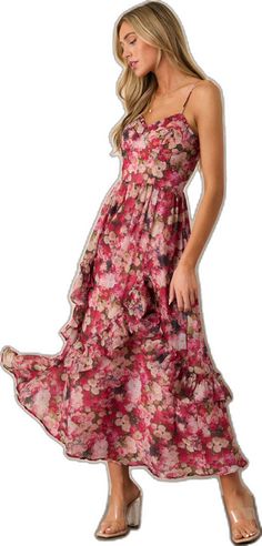 Floral Chiffon Midi Dress With Ruffles, Chiffon Floral Midi Dress With Ruffles, Flowy Rose Print Maxi Dress For Summer, Pink Chiffon Floral Dress, Pink Bohemian Chiffon Midi Dress, Flowy Floral Dress With Ruffles Sleeveless, Tiered Chiffon Floral Dress For Summer, Summer Chiffon Floral Dress In Tiered Style, Flowy Sleeveless Floral Dress With Ruffles