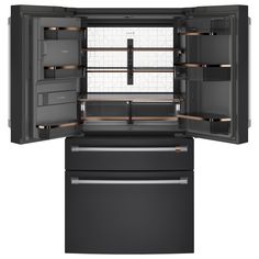 an open black refrigerator with its door wide open to reveal the interior and side shelves