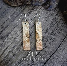 "★DESCRIPTION★ Handmade Spalted Maple Burl Wood Dangle Earrings With Solid 925 Chain and Findings. *Set comes in a brown card board box. For a luxury black box, similar to the one in photo, this can be purchased separately* ★SIZE★ Earrings Approx. 44mm Long by 9mm Wide by 2mm Thick ★COMMISIONS★ >Please Note: This set can also be made with another type of wood (plain or burl wood) a different size or shape etc ★FINISH★ This necklace is finished with sand and sealer and a natural wax ★CHAIN STYLES Natural Color Jewelry For Gifts With Pierced Ears, Natural Color Jewelry For Pierced Ears As A Gift, Natural Jewelry For Pierced Ears As A Gift, Natural Color Dangle Jewelry For Gifts, Natural Colored Jewelry Set With Matching Earrings For Gifts, Elegant Natural Drop Earrings, 5 Year Anniversary Gift, Wood Dangle Earrings, 5 Year Anniversary