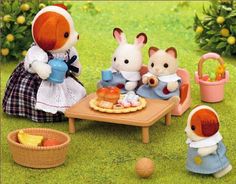 the little mouses are playing with their toys in the grass and on the table