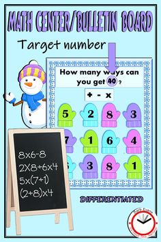 a snowman is standing next to a blackboard with numbers on it and an addition for