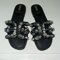 Questions? Leave A Comment Below! Leather Sandals With Rhinestones And Flat Heel, Leather Flat Heel Sandals With Rhinestones, Bedazzled Flat Sandals For Evening, Bedazzled Flat Evening Sandals, Black Bling Sandals For Summer, Summer Black Sandals With Bling, Chic Leather Sandals With Rhinestones, Black Rhinestone Sandals With Round Toe, Black Rhinestone Round Toe Sandals