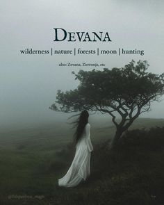 a woman standing in front of a tree on a foggy day with the words devana written above her