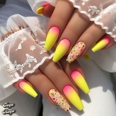 Nail Design Colorful, Trendy Nails Yellow, All Nail Shapes, Colorful Manicure, Almond Stiletto, Neon Nail Designs, Festive Manicure, Mehndi Designs Bridal Hands, Hello Nails