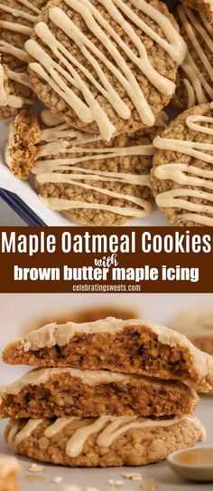 maple oatmeal cookies with brown butter maple icing are stacked on top of each other