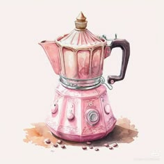 a pink coffee pot sitting on top of a table