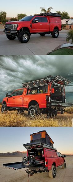 four different pictures of trucks in the desert, one is red and the other is black