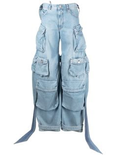 sky blue cotton denim cut-out detailing strap detailing high waist belt loops concealed fly and button fastening classic five pockets multiple cargo pockets two front flap pockets wide curved leg Cargo Denim Pants, Y2k Pants, Denim Cargo Pants, Love And Co, Jeans Cargo, Cargo Jeans, Designer Jeans, Van Cleef Arpels, David Yurman