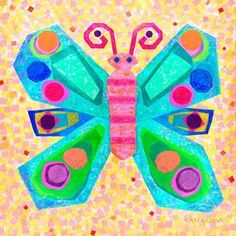 a painting of a colorful butterfly on a yellow background