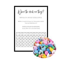 a pile of colorful candy in front of a card with the words, where are they?