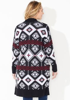 <div>Designed in a cozy cotton blend, this easy sweater cardigan is your go-to fashion topper instead of a coat. You'll love the classic patterning with solid</div> Fair Isle Pattern Sweater Coat For Fall, Nordic Style Knit Cardigan For Fall, Nordic Knit Cardigan For Fall, Fall Cardigan For Cold Weather With Jacquard Knit, White Jacquard Knit Outerwear For Fall, Nordic Style White Outerwear For Fall, Plus Size Tips, Midi Sundress, Chai Latte