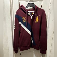 One Of A Kind Maroon Ralph Lauren Polo Hoodie With Awesome Embroidery Fall Long Sleeve Hoodie With Embroidered Logo, Fall Hoodie With Embroidered Logo And Long Sleeves, Red Sweatshirt With Embroidered Logo For Fall, Winter Long Sleeve Hoodie With Embroidered Logo, Fall Embroidered Logo Long Sleeve Hoodie, Casual Red Outerwear With Embroidered Logo, Red Hooded Sweatshirt With Embroidered Logo, Red Hoodie With Embroidered Logo For Streetwear, Red Cotton Long Sleeve Hooded Jacket