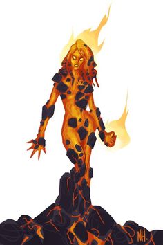 a woman standing on top of a rock covered in fire and lava, with her arms outstretched