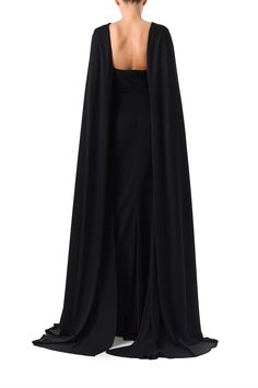 Cape With Sleeves, Black Tie Gowns, Cape Gown, Elegant Prom, Black Cape, Sleeve Gown, Elegant Prom Dresses, Cape Sleeves, Satin Gown