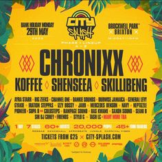 an event poster for chronixx, koffe & sinesea skillbeng