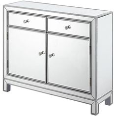 a mirrored cabinet with two doors and three drawers