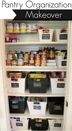 pantry organization makeover with baskets and chalkboard labels on the shelves in this organized pantry