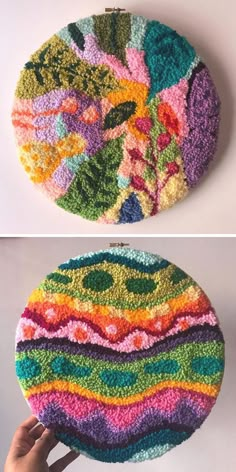 two pictures with different designs on them and one is made out of crochet yarn